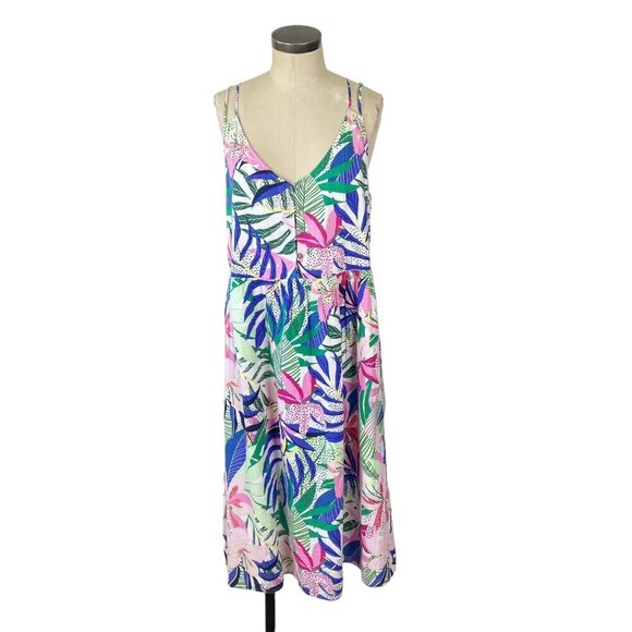NEW LOFT Palm Double Strap Midi Dress 12 Blue Green Pink Multi Floral 590138 - Picture 4 of 13